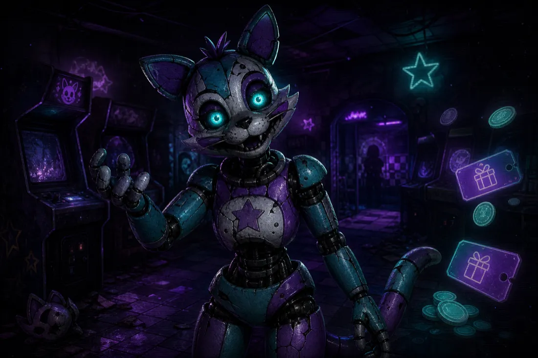 Original creepy-cute animatronic robot in a dark arcade with floating gift-card rewards